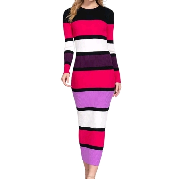 Boutique Ribbed Knit Sweater Long Sleeve Color Block Striped Midi Maxi Dress - Picture 6 of 13